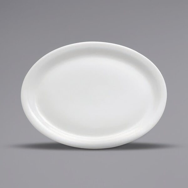 A close up of a white Oneida Buffalo narrow rim oval platter.