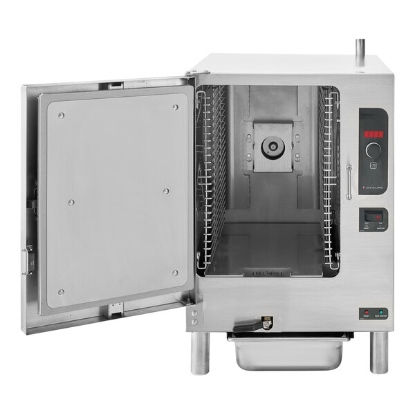 A Cleveland SteamChef countertop convection steamer with a door open and trays inside.