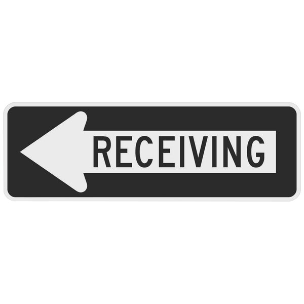 A black and white rectangular sign with a white arrow pointing to the left and white text that says "Receiving"