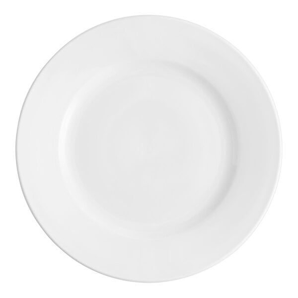 A close up of a Oneida Buffalo Bright White Ware porcelain plate with a round edge.