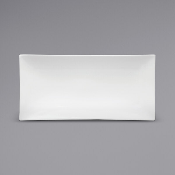 A white rectangular porcelain sushi platter with a black border.