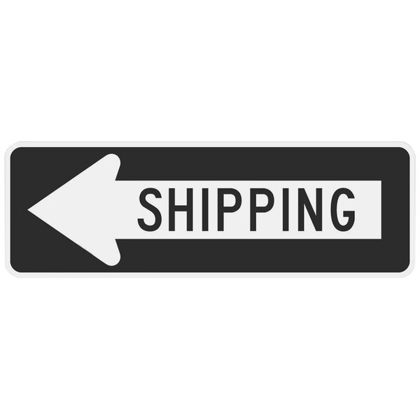 A black and white rectangular sign with a white arrow and black letters pointing to the left.
