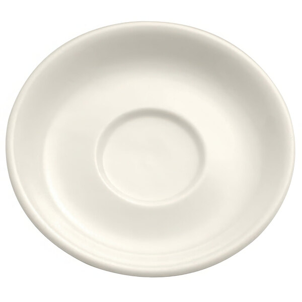 A white Oneida Buffalo Cream White Ware saucer with a circle in the middle and a rim.