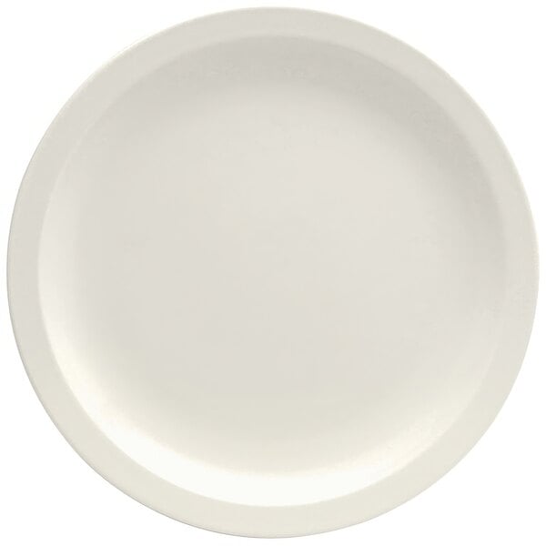 A close-up of a Oneida Buffalo Cream White Ware porcelain plate with a plain white border.