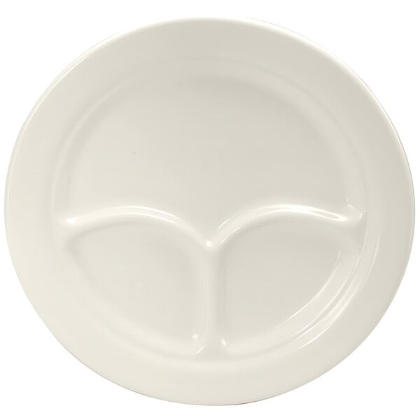 A white Oneida Buffalo porcelain plate with three compartments, two circles and one oval.