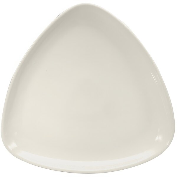 A white porcelain triangular plate.