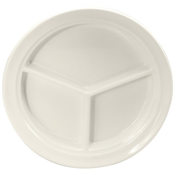 A white Oneida Buffalo porcelain compartment plate with three sections.