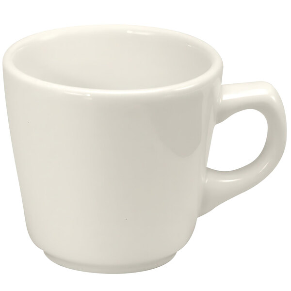 A white porcelain Jose cup with a handle.