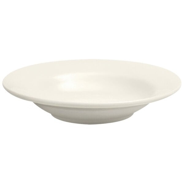 A Oneida Buffalo Cream White Ware wide rim porcelain soup bowl on a white background.