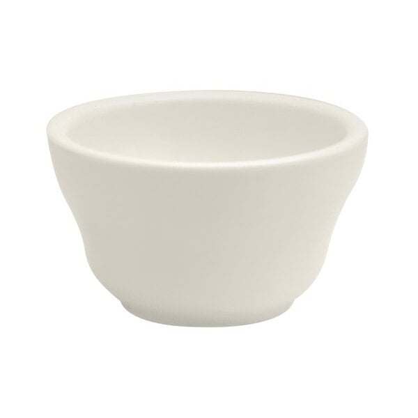 A white porcelain bouillon cup with a handle.