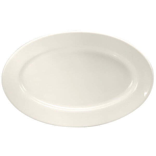 An oval white porcelain platter with a wide rim.