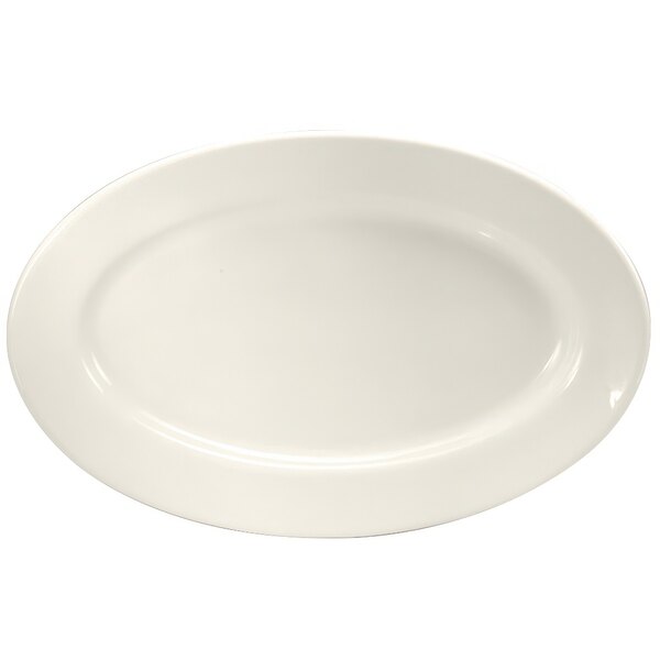 A white oval porcelain platter with a wide rim.