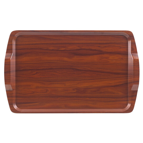A wooden rectangular Cambro room service tray with a handle.