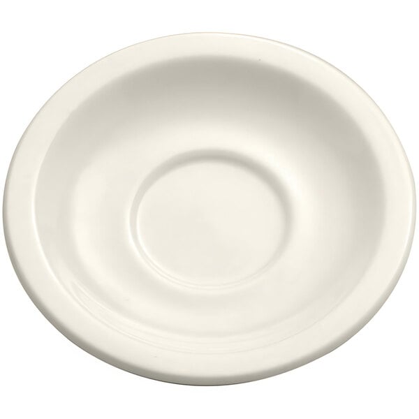 A Oneida Buffalo Cream White Ware porcelain saucer with a rolled edge and a circular shape.