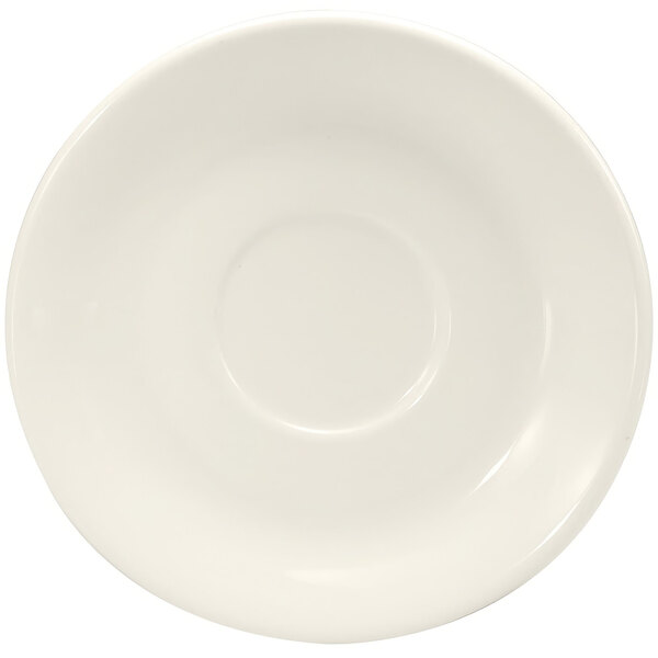 A Oneida Buffalo Cream White Ware porcelain saucer with a small rim and circle in the middle.