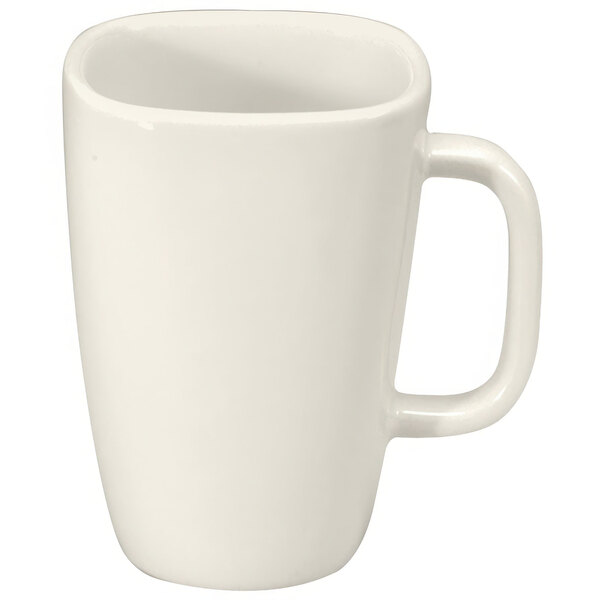 A white Oneida Buffalo rectangular porcelain mug with a handle.