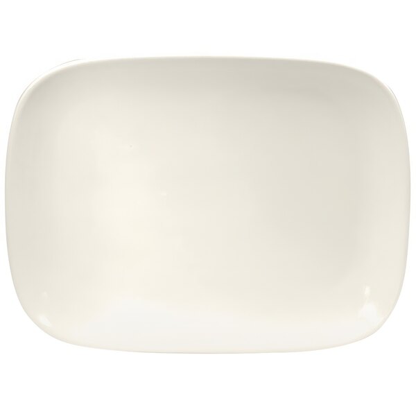 A white rectangular porcelain platter with a small rim.