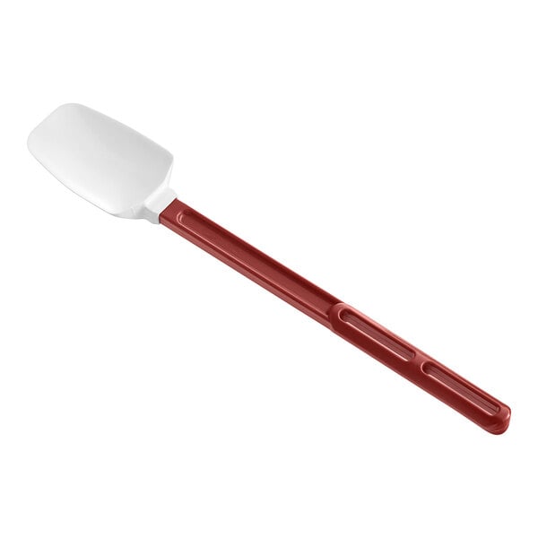 A white rectangular spatula with a red handle.