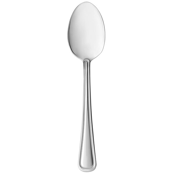 A Libbey stainless steel dessert spoon with a silver handle.