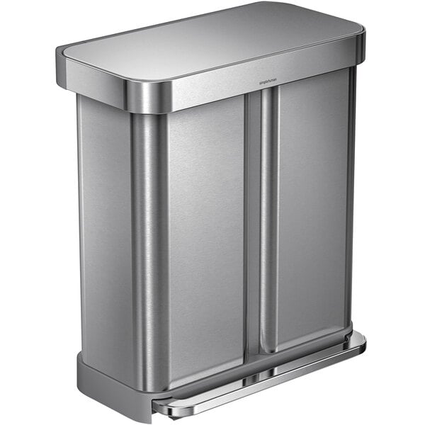 A simplehuman brushed stainless steel rectangular dual compartment trash and recycling can with a lid.