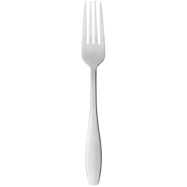 A silver fork with a white handle.