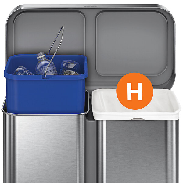 A metal trash can with a blue container and a white lid.