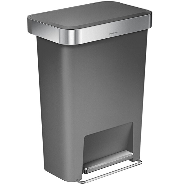 a grey trash can with a silver top