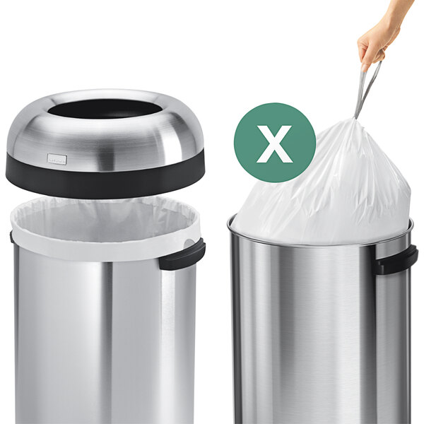 A woman uses a simplehuman white trash bag to line a trash can.
