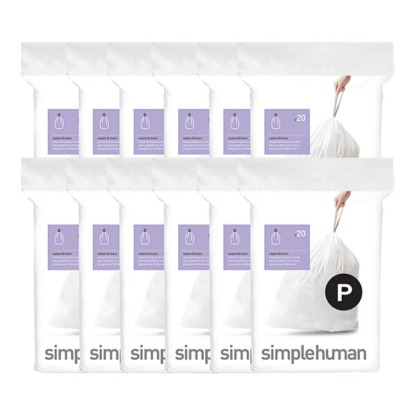A close-up of a white simplehuman trash can liner package.