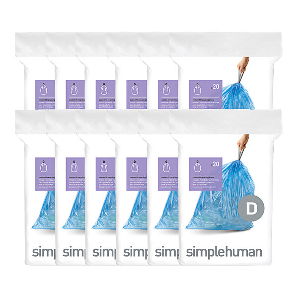 A blue simplehuman custom fit recycling liner package.