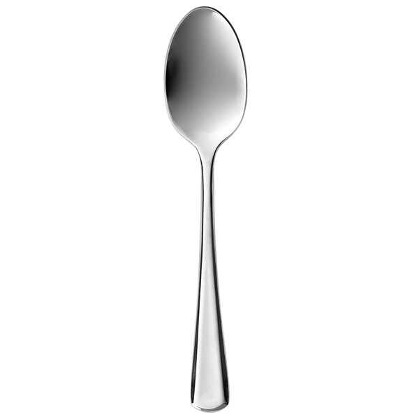 A Libbey stainless steel dessert spoon with a silver handle on a white background.