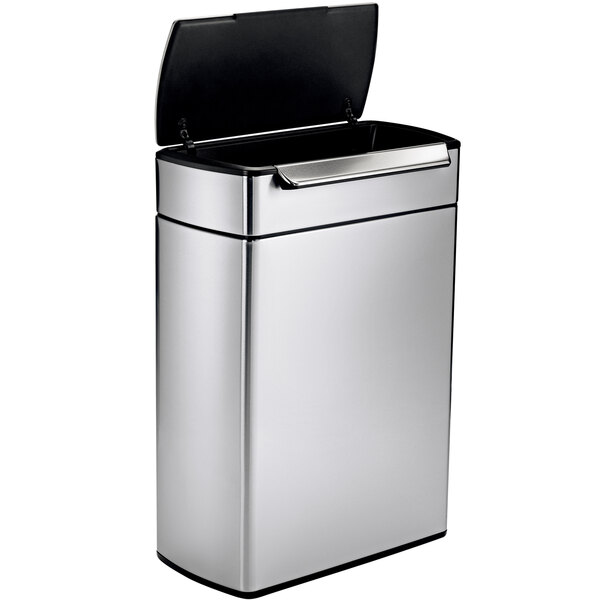 A silver trash can with a black lid.