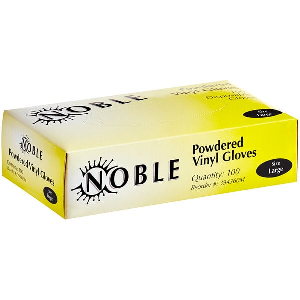 A yellow box of Noble powdered vinyl gloves with black text.