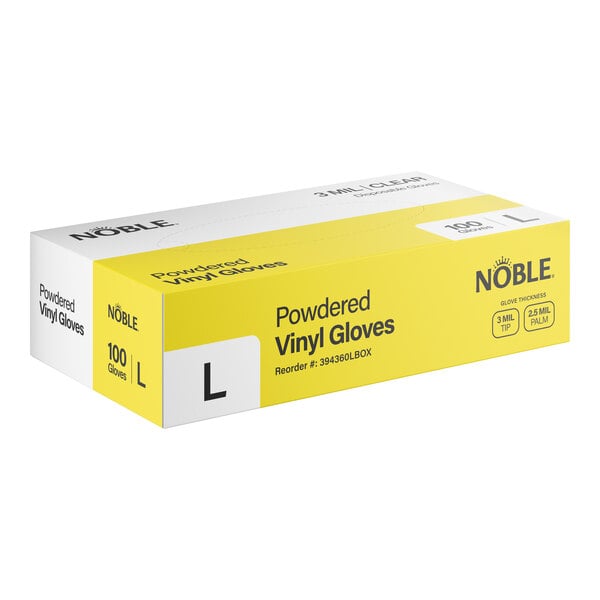 A box of Noble large powdered disposable vinyl gloves for foodservice, containing 100 gloves.