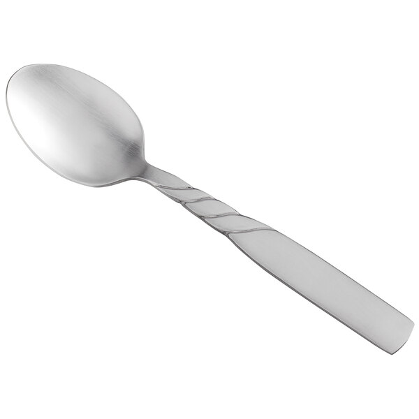 A silver World Tableware dessert spoon with a twist design.