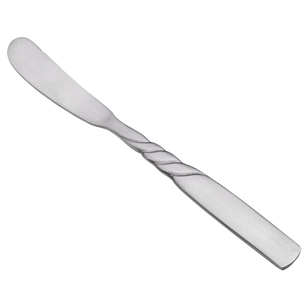A World Tableware Collingwood stainless steel butter spreader with a twist design on the handle.