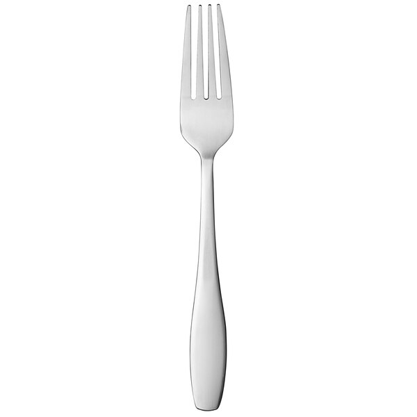 A silver fork with a white handle.