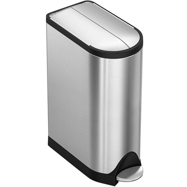 a silver and black trash can