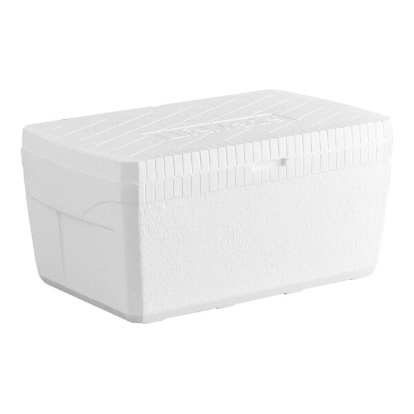 A large white foam cooler with a fitted lid.