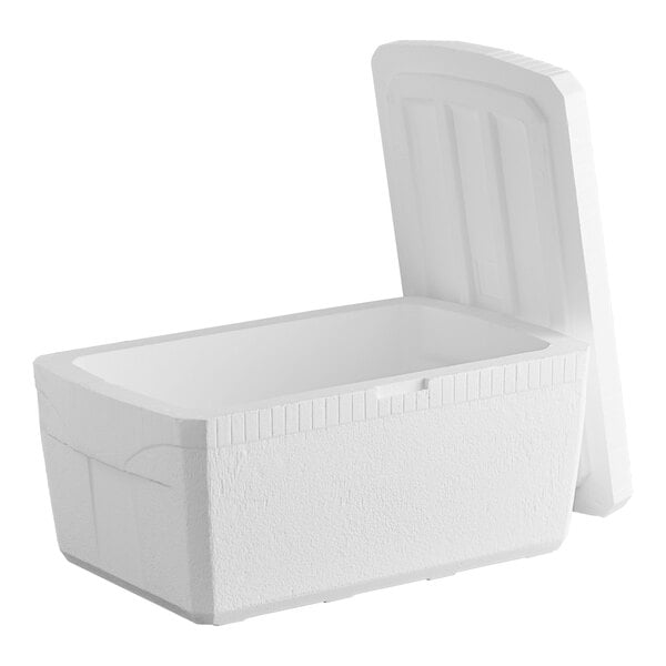 A large white foam cooler with an open lid.