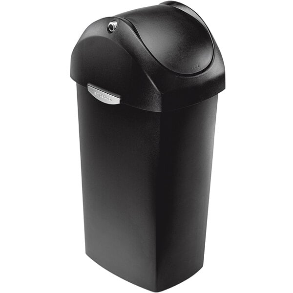 A simplehuman black rectangular trash can with a swing dome lid.