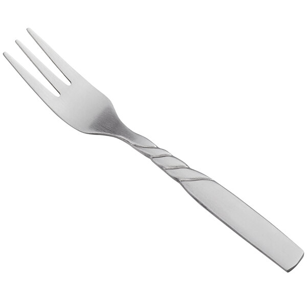 A silver World Tableware Collingwood cocktail fork with a twist design.