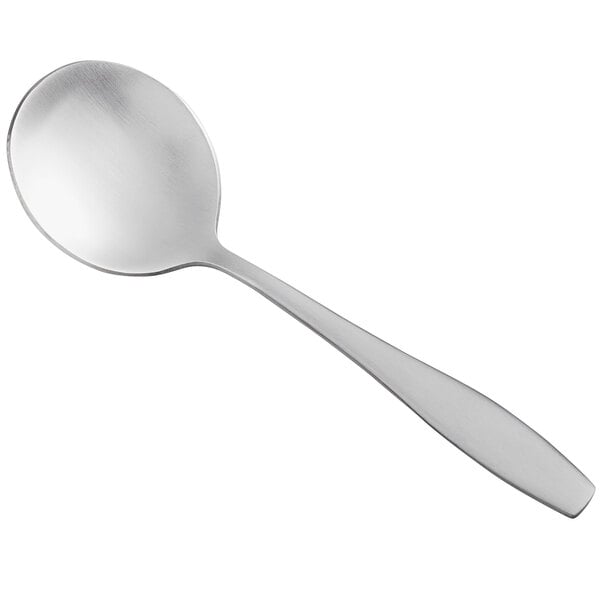 A Libbey stainless steel bouillon spoon with a silver handle on a white background.