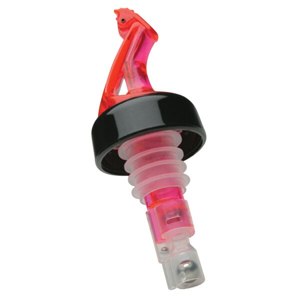 A Precision Pours watermelon red liquor pourer with a black collar and fliptop.