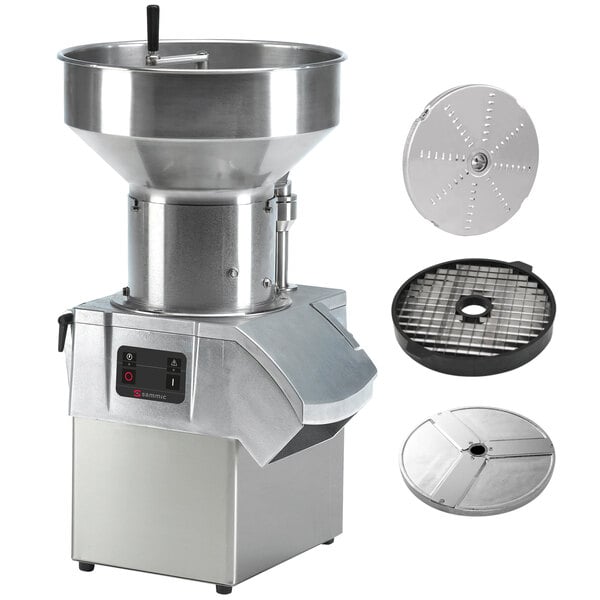 A Sammic CA-61 food processor with a metal bowl and circular metal grid.