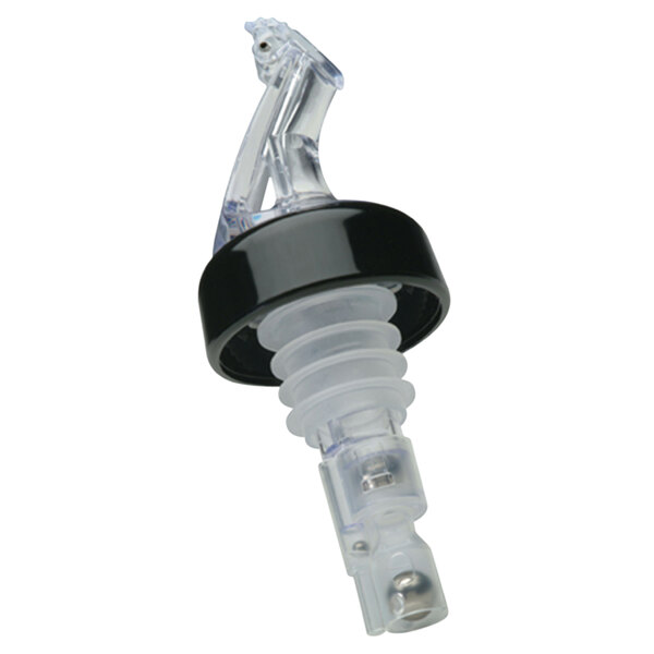 A close-up of a clear plastic and black Precision Pours liquor pourer with a fliptop.