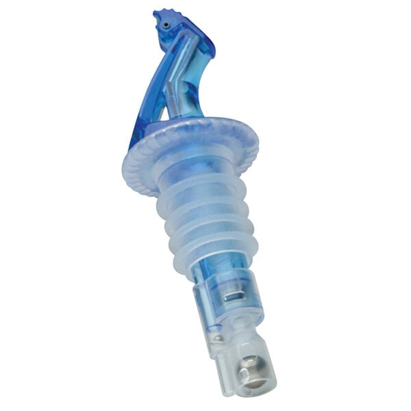 A blue plastic Precision Pours liquor pourer with a blue plastic fliptop.