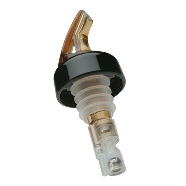 A Precision Pours rum amber liquor pourer with a black and clear bottle stopper and white collar.