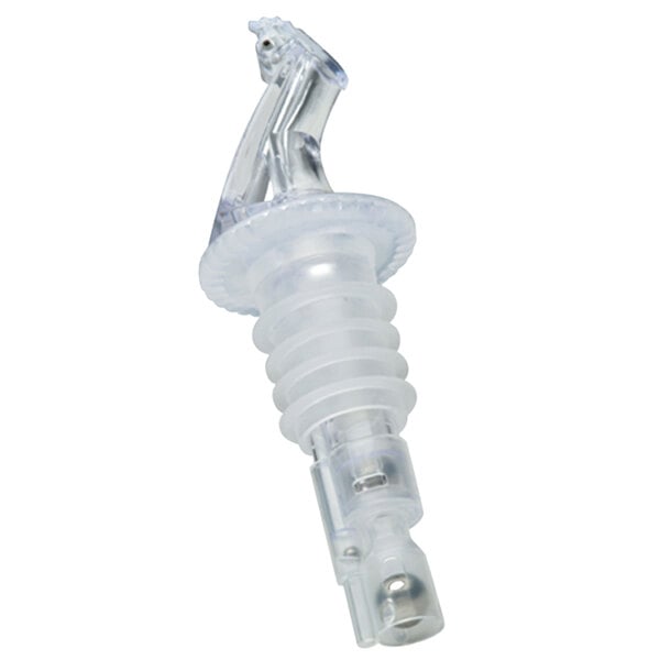 A Precision Pours clear plastic liquor pourer with a fliptop.