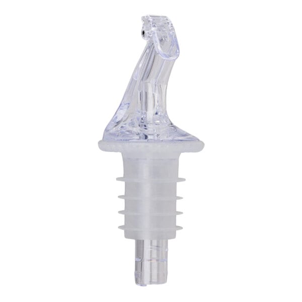 A clear plastic pour spout with a flip-top lid and ribbed stopper.